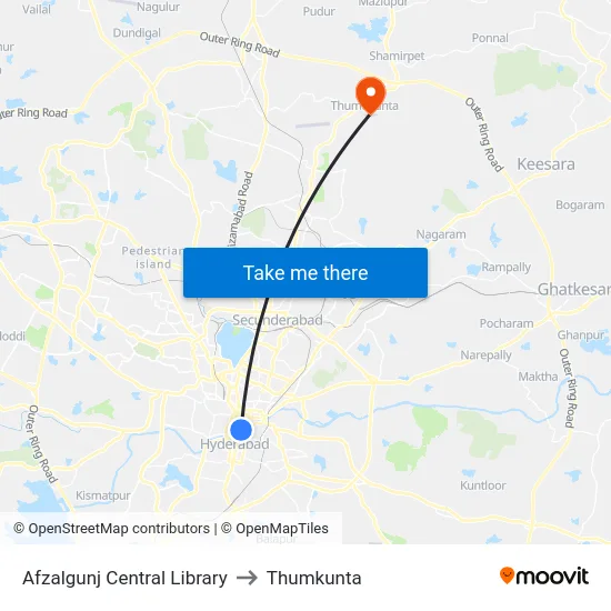 Afzalgunj Central Library to Thumkunta map