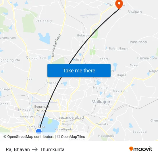 Raj Bhavan to Thumkunta map