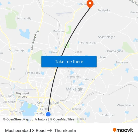 Musheerabad X Road to Thumkunta map