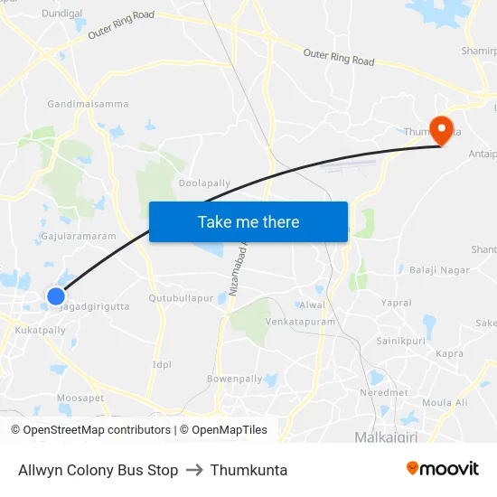 Allwyn Colony Bus Stop to Thumkunta map