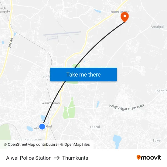 Alwal Police Station to Thumkunta map