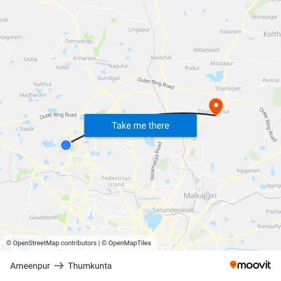 Ameenpur to Thumkunta map