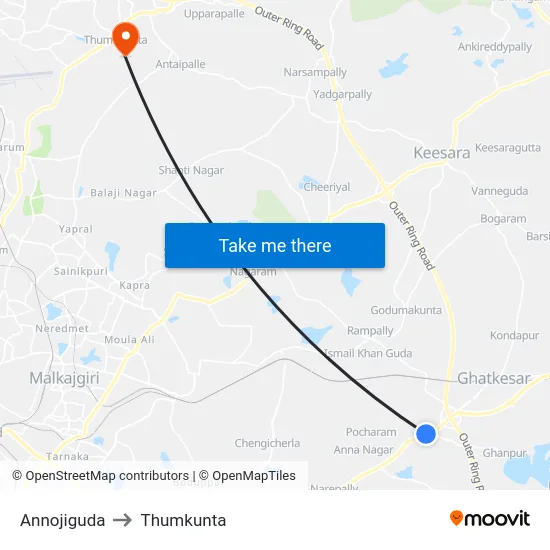 Annojiguda to Thumkunta map