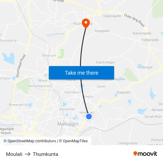 Moulali to Thumkunta map