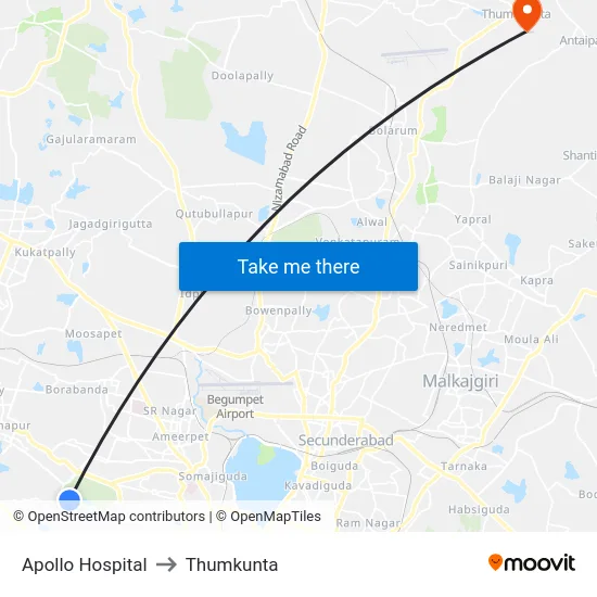 Apollo Hospital to Thumkunta map