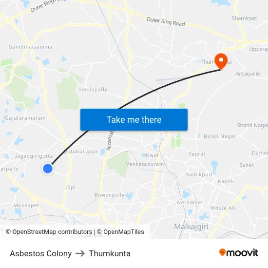 Asbestos Colony to Thumkunta map
