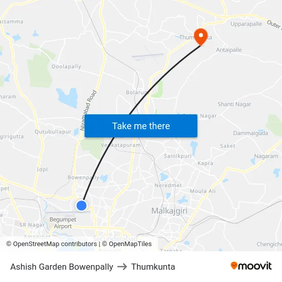 Ashish Garden Bowenpally to Thumkunta map