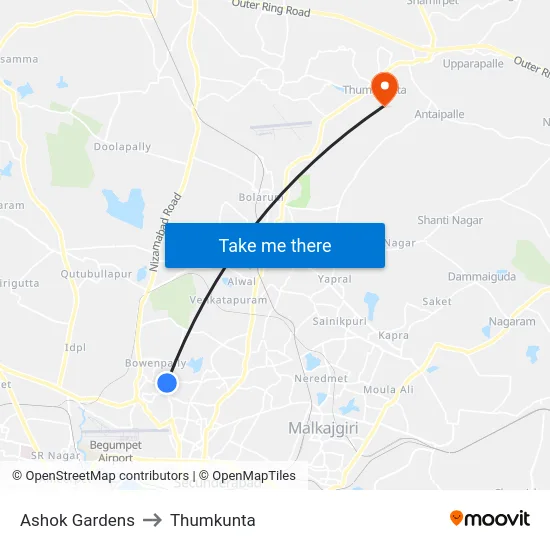 Ashok Gardens to Thumkunta map