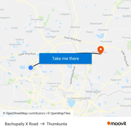 Bachupally X Road to Thumkunta map