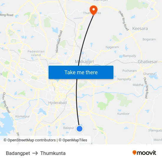 Badangpet to Thumkunta map