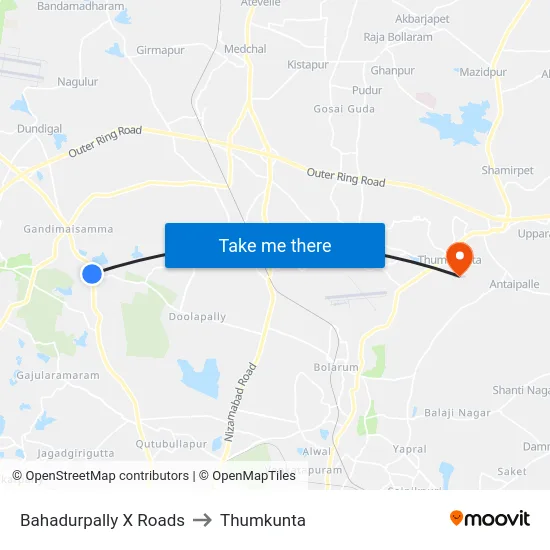 Bahadurpally X Roads to Thumkunta map
