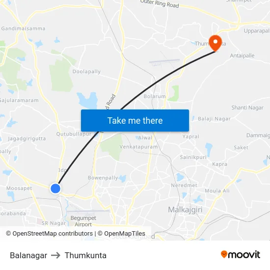 Balanagar to Thumkunta map