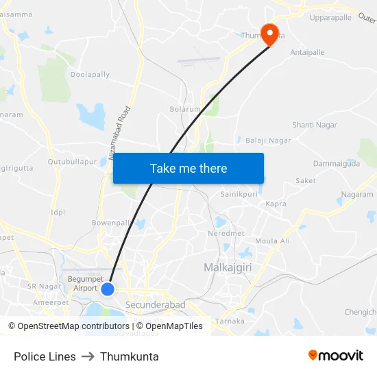 Police Lines to Thumkunta map
