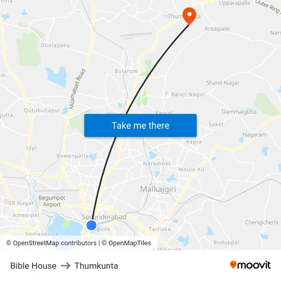 Bible House to Thumkunta map