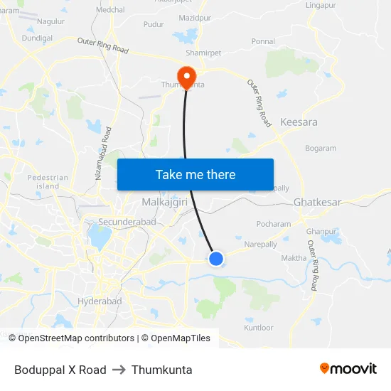Boduppal X Road to Thumkunta map