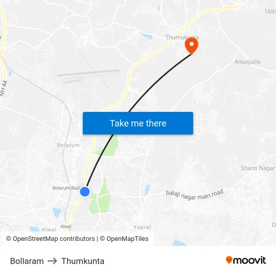 Bollaram to Thumkunta map