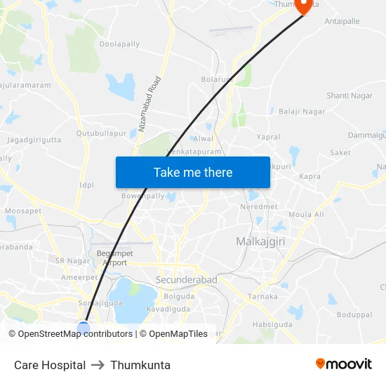 Care Hospital to Thumkunta map