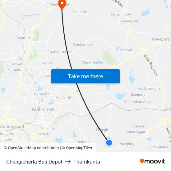 Chengicherla Bus Depot to Thumkunta map