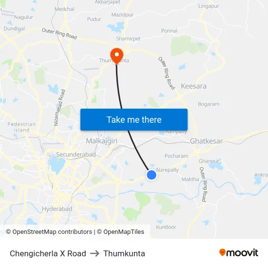 Chengicherla X Road to Thumkunta map