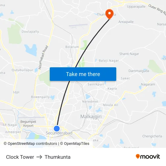 Clock Tower to Thumkunta map
