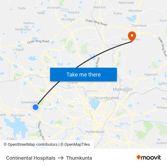 Continental Hospitals to Thumkunta map
