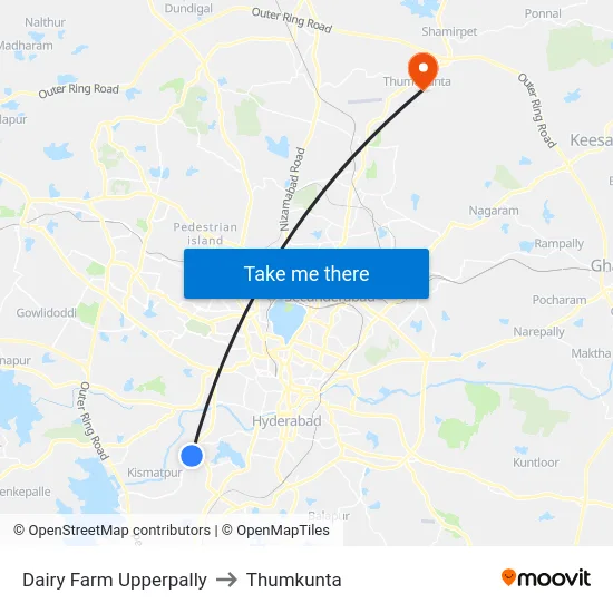 Dairy Farm Upperpally to Thumkunta map