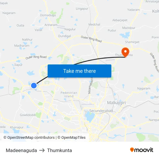 Madeenaguda to Thumkunta map