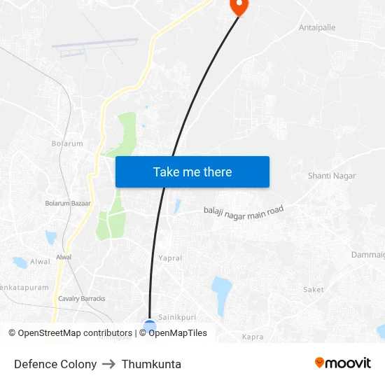 Defence Colony to Thumkunta map