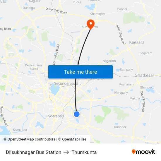 Dilsukhnagar Bus Station to Thumkunta map
