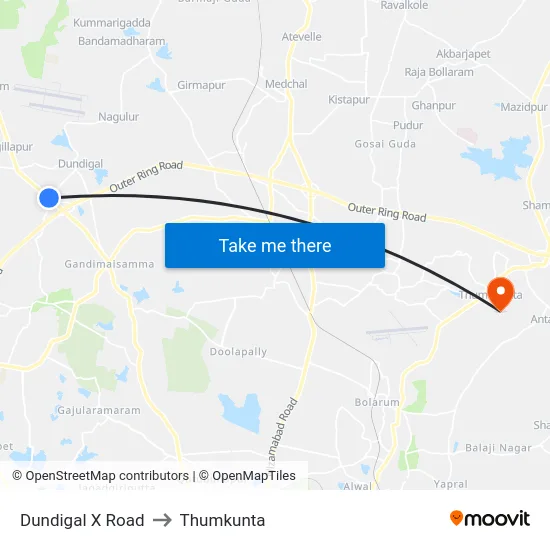 Dundigal X Road to Thumkunta map