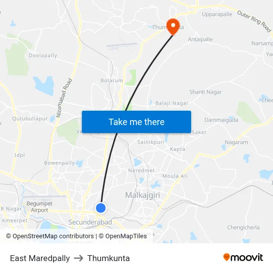 East Maredpally to Thumkunta map