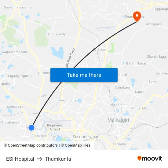 ESI Hospital to Thumkunta map