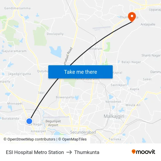 ESI Hospital Metro Station to Thumkunta map