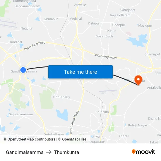 Gandimaisamma to Thumkunta map