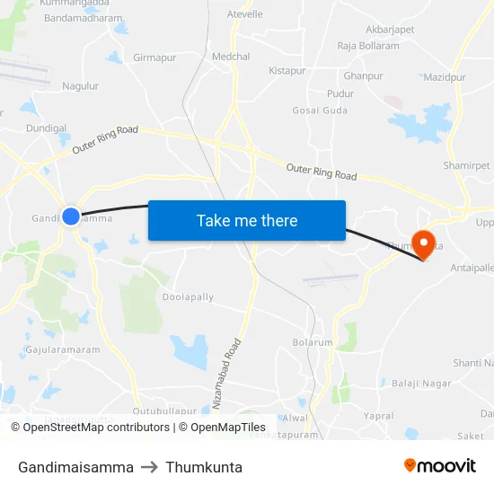 Gandimaisamma to Thumkunta map
