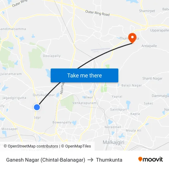 Ganesh Nagar (Chintal-Balanagar) to Thumkunta map