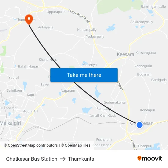 Ghatkesar Bus Station to Thumkunta map