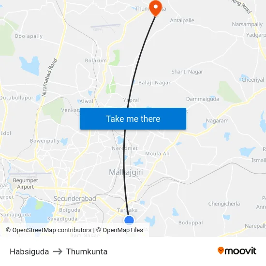 Habsiguda to Thumkunta map