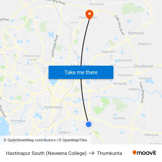 Hastinapur South (Naveena College) to Thumkunta map