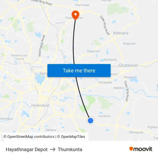 Hayathnagar Depot to Thumkunta map