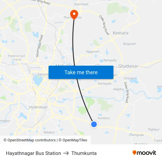 Hayathnagar Bus Station to Thumkunta map