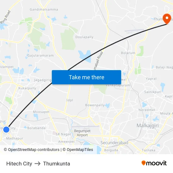 Hitech City to Thumkunta map