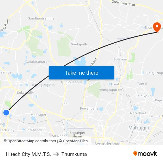 Hitech City M.M.T.S. to Thumkunta map