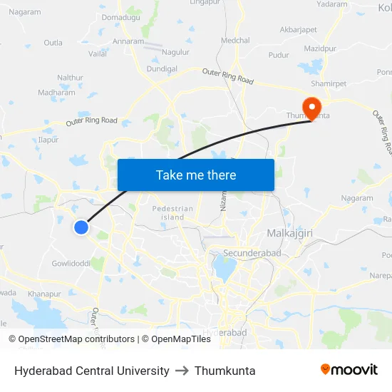 Hyderabad Central University to Thumkunta map