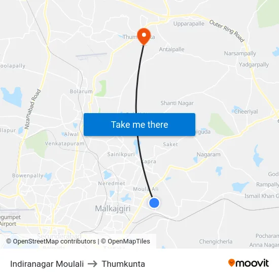 Indiranagar Moulali to Thumkunta map