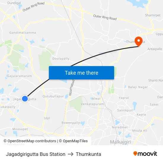 Jagadgirigutta Bus Station to Thumkunta map