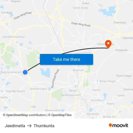 Jeedimetla to Thumkunta map