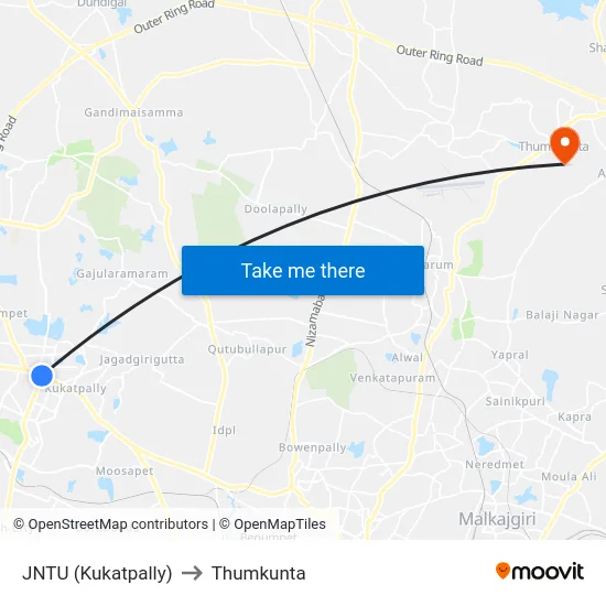 JNTU (Kukatpally) to Thumkunta map