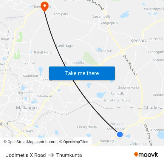 Jodimetla X Road to Thumkunta map