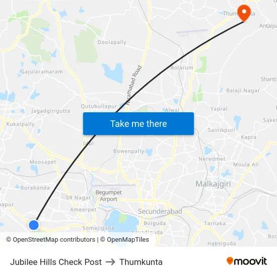 Jubilee Hills Check Post to Thumkunta map
